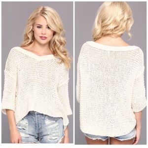 Free People Oversized Off the Shoulder Cream V-Neck Sweater Chunky Knit Medium